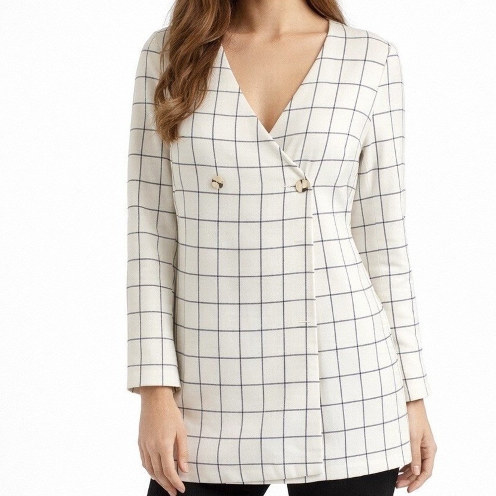 Chriselle Lim x J.O.A. Windowpane Grid Blazer Dress White Black Gold Butt Sz S
